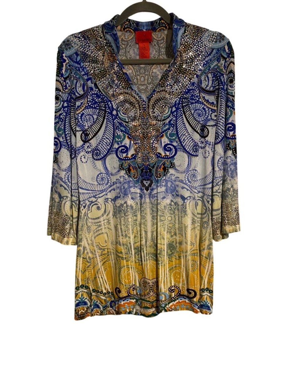 V Christina Women's M Blue Paisley Tunic Rhinestone Bell Sleeve Glam Artsy Retro